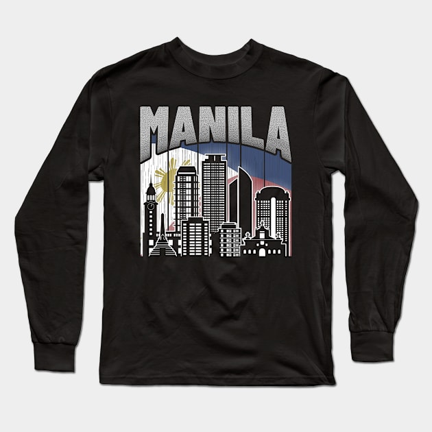 Manila NCR Skyline Vintage Philippines Flag Long Sleeve T-Shirt by travel2xplanet